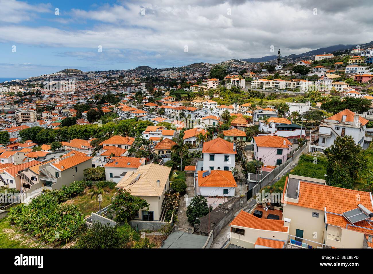 Funchal city, capital of Madeira Island. Aerial view from cable car Stock Photo