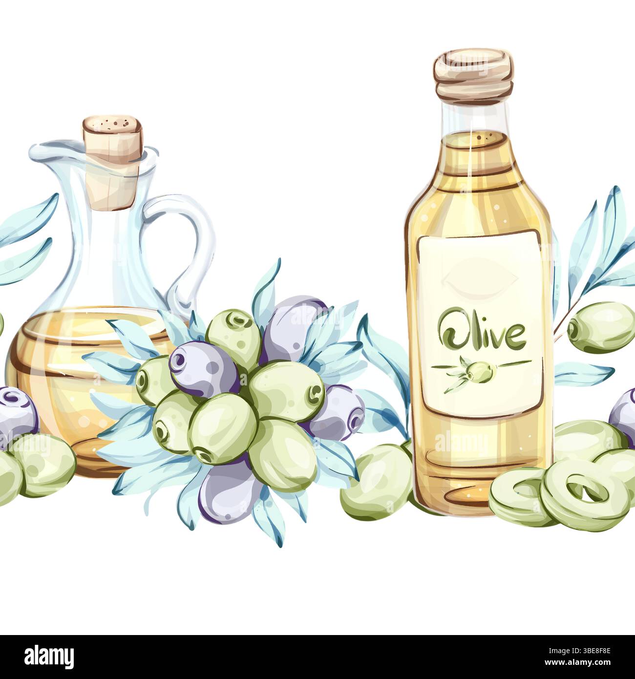 Olives and olive oil watercolor illustration series with frame border ...