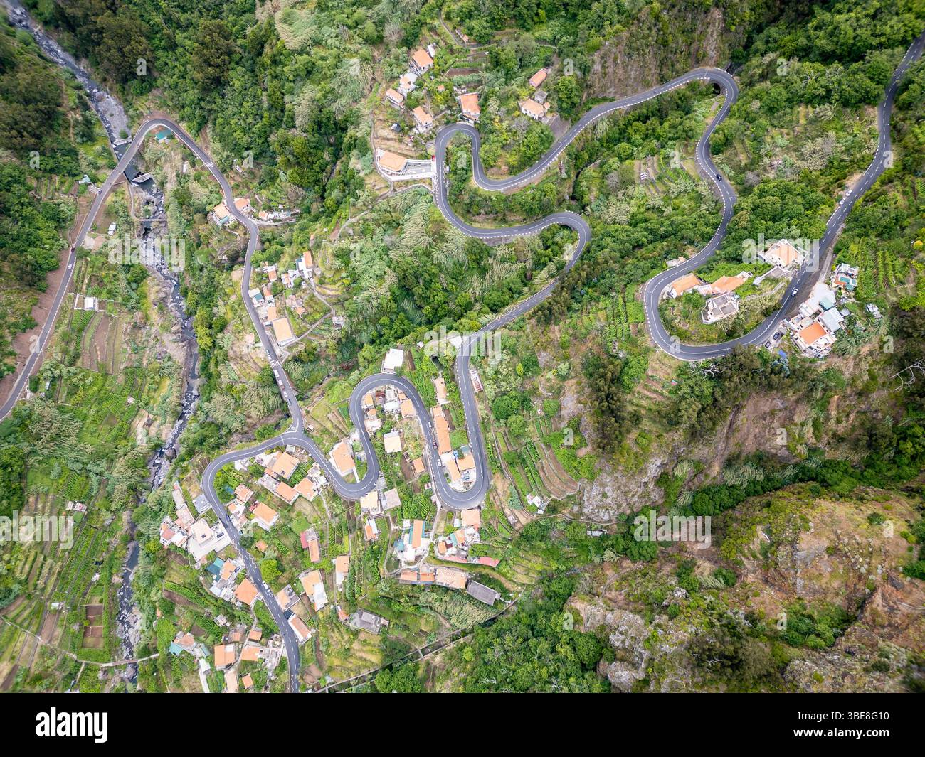 Hairpin road in Valley of the Nuns - Curral das Freiras, Madeira Island, Portugal Stock Photo
