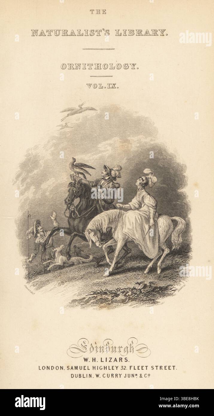 Title page with vignette of medieval hawking. Aristocrats in plumed hats on horseback with a falcon watching a heron. A shepherd and hunting dogs. Steel engraving by William Lizars after an illustration by James Stewart from Sir William Jardine’s Ornithology, British Birds, Birds of Prey, Vol. XXIV of The Naturalist’s Library, W.H. Lizars, Edinburgh, 1843. Stock Photo