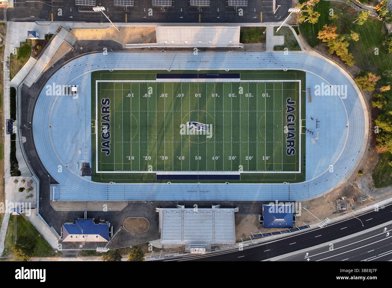 A general overall aerial view of Jurupa Valley High School track and