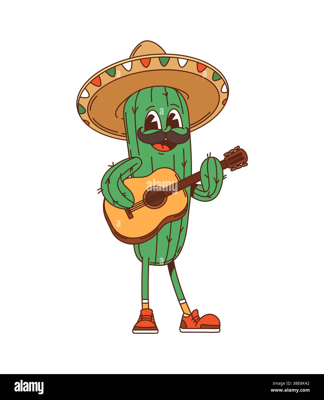 Cartoon groovy hippie cactus character in Mexican sombrero and playing  guitar, vector plant personage. Funny groovy cactus plant as mariachi  musician with mustaches and guitar for funky hipster emoji Stock Vector  Image