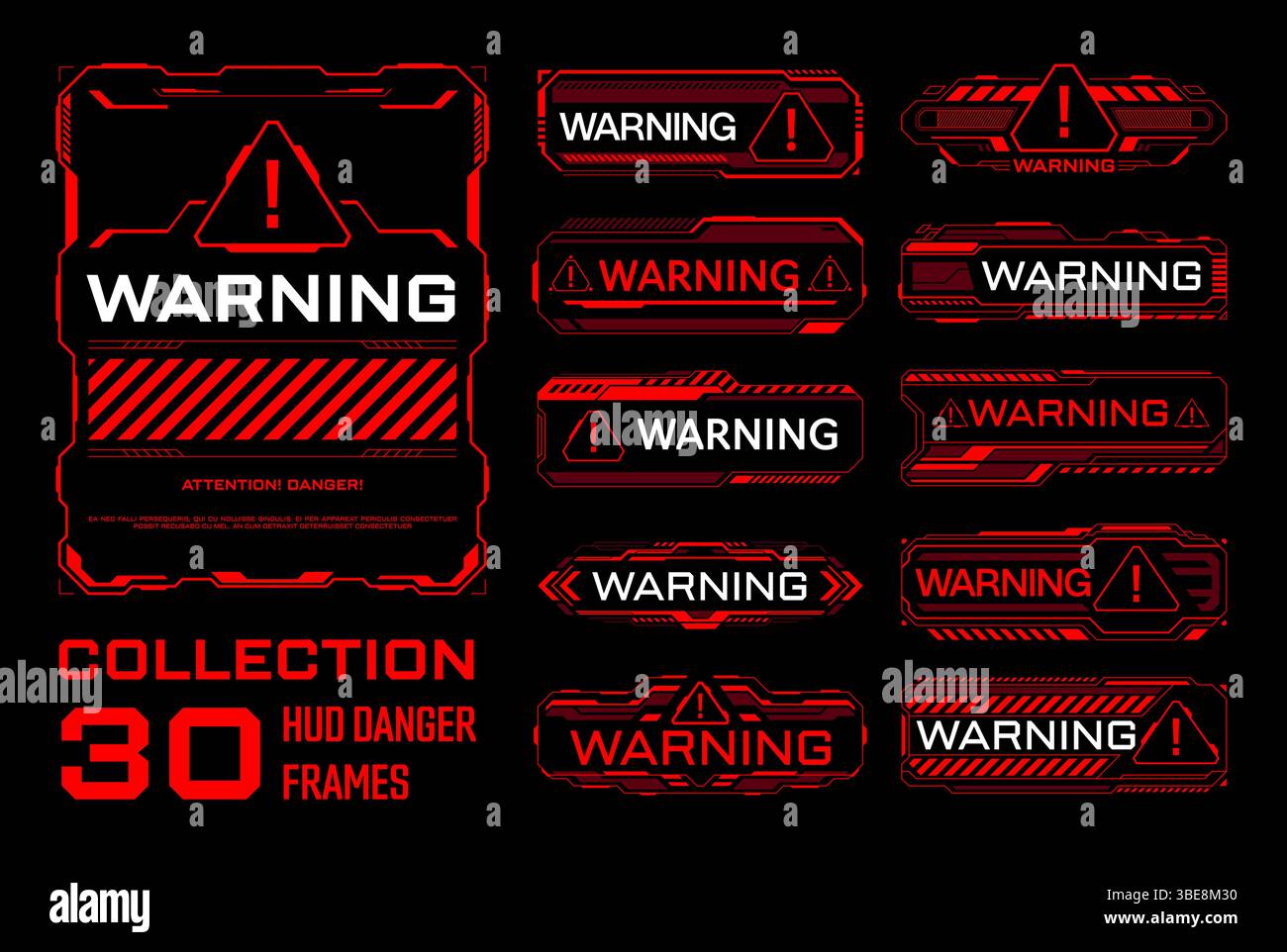 Red warning and danger HUD frames set, vector game UI. Futuristic cyber ...