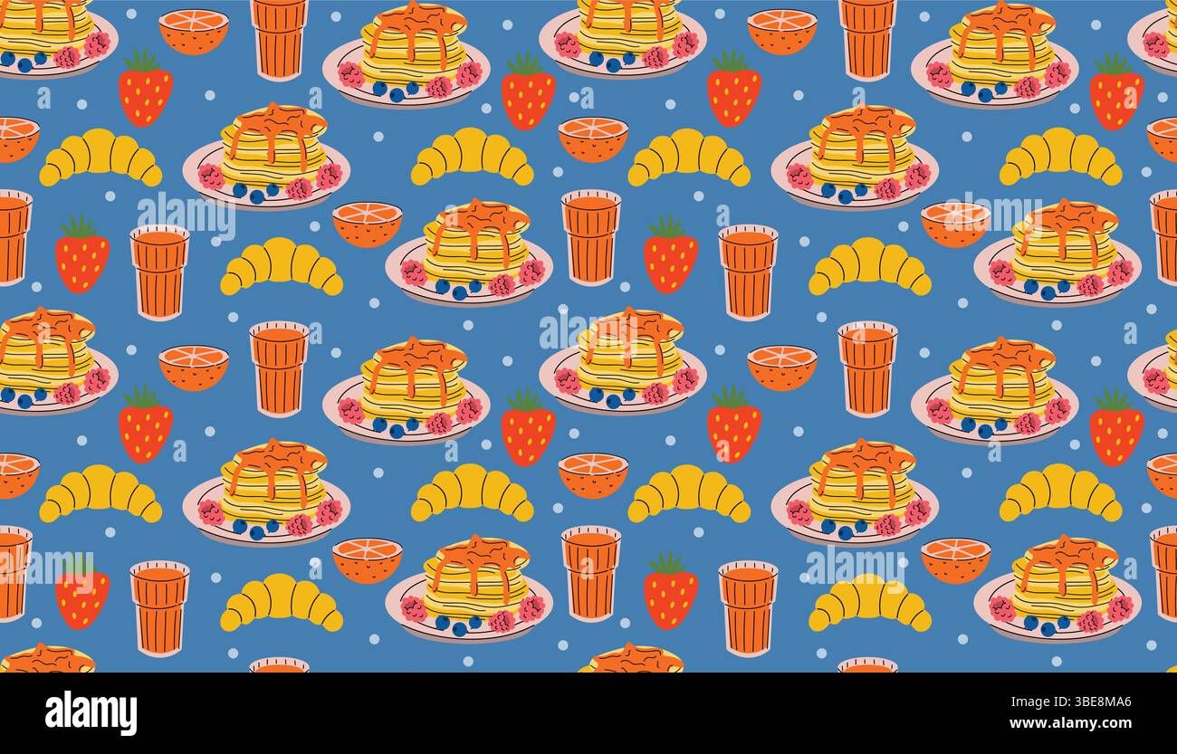 Seamless breakfast pattern in cartoon flat style featuring pancakes on plates, orange juice, strawberries, and croissants. Cozy design perfect for foo Stock Vector