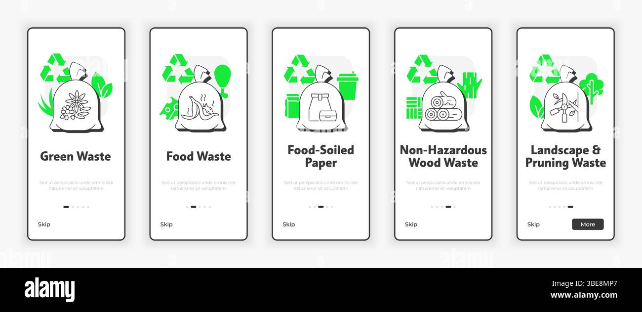 Organic waste types mobile onboarding screen Stock Vector