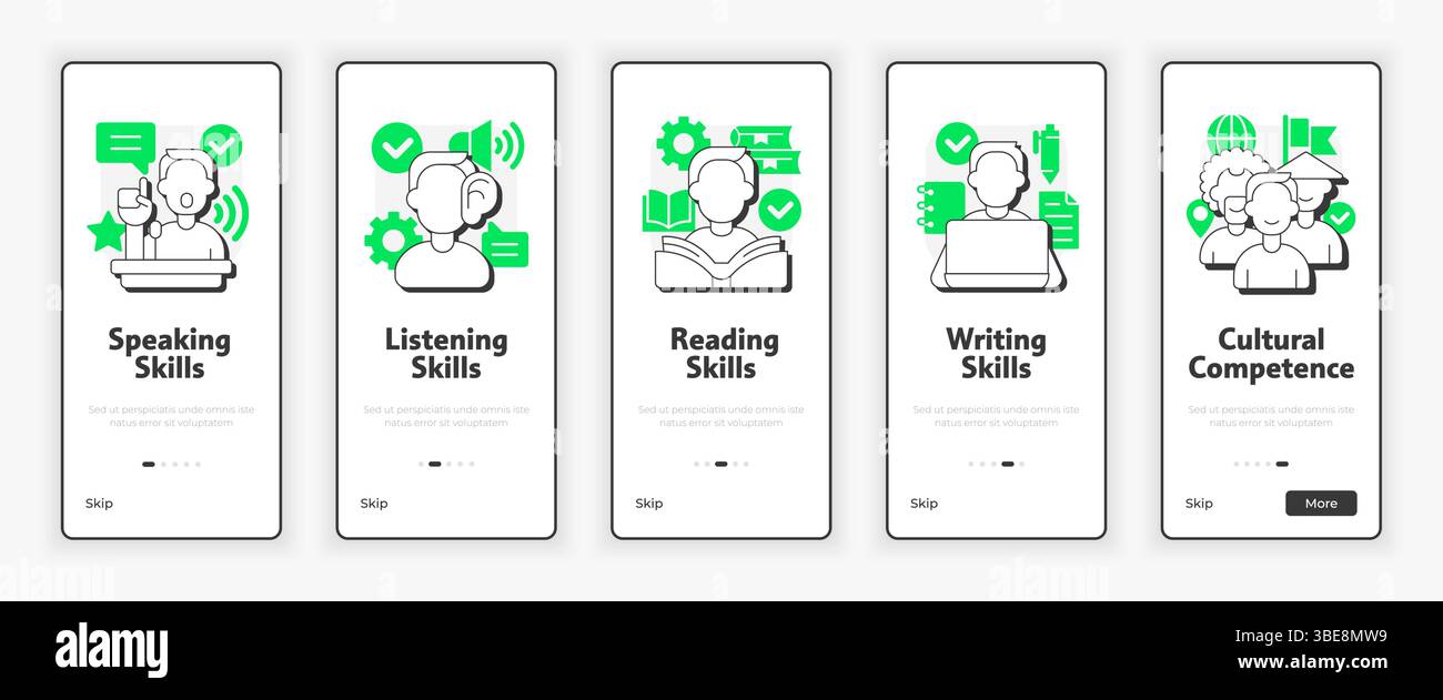 Language learning competences mobile onboarding screen Stock Vector