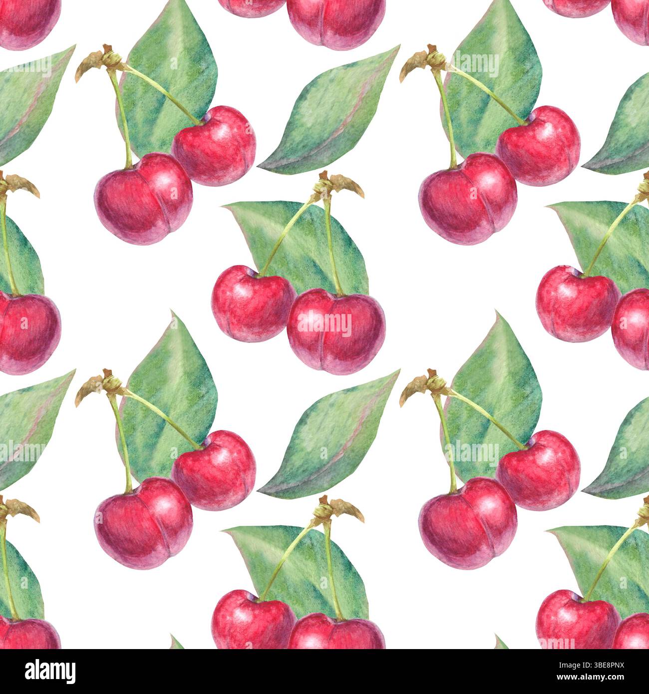 Seamless pattern with cherry berry and leaves Stock Photo