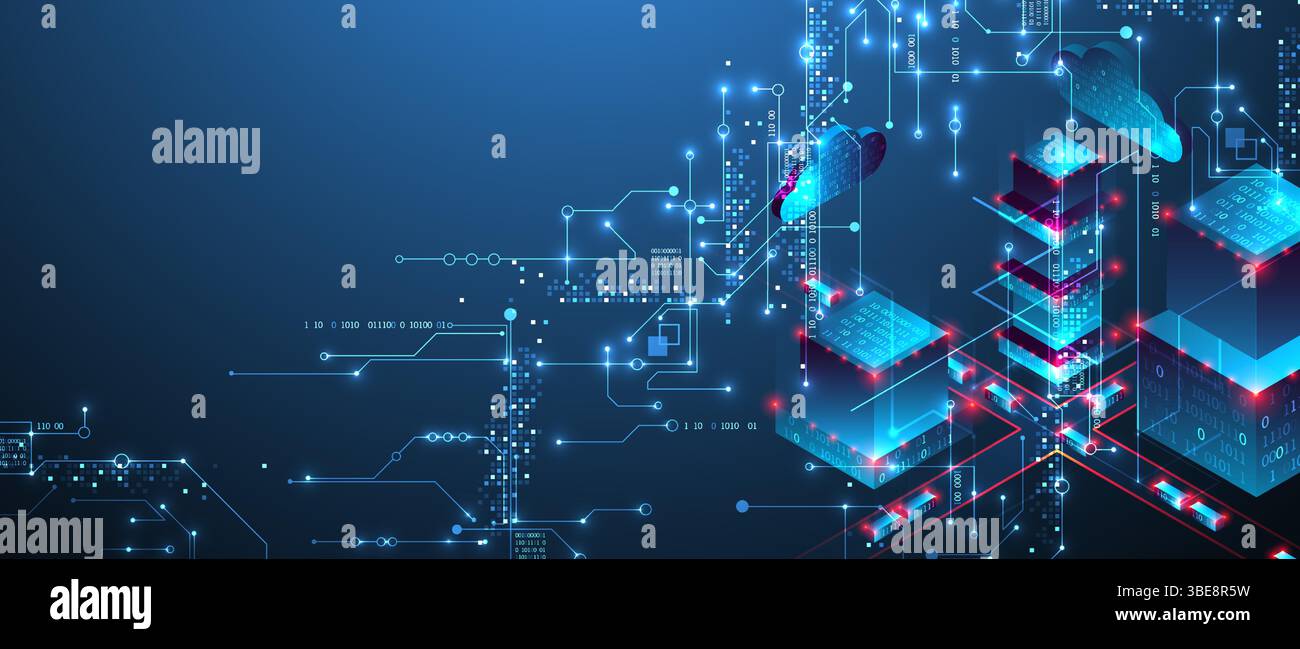 Digital circuit visualization vector background.  Blue board pattern with interconnected lines, nodes, and binary code. Stock Vector
