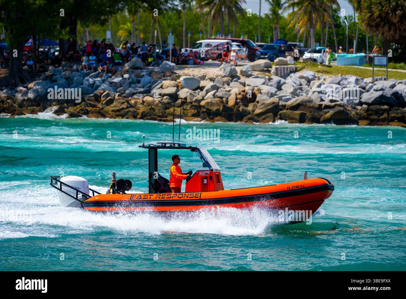 Miami Beach, FL, USA - May 25, 2025: Orange fast response rescue boat ...