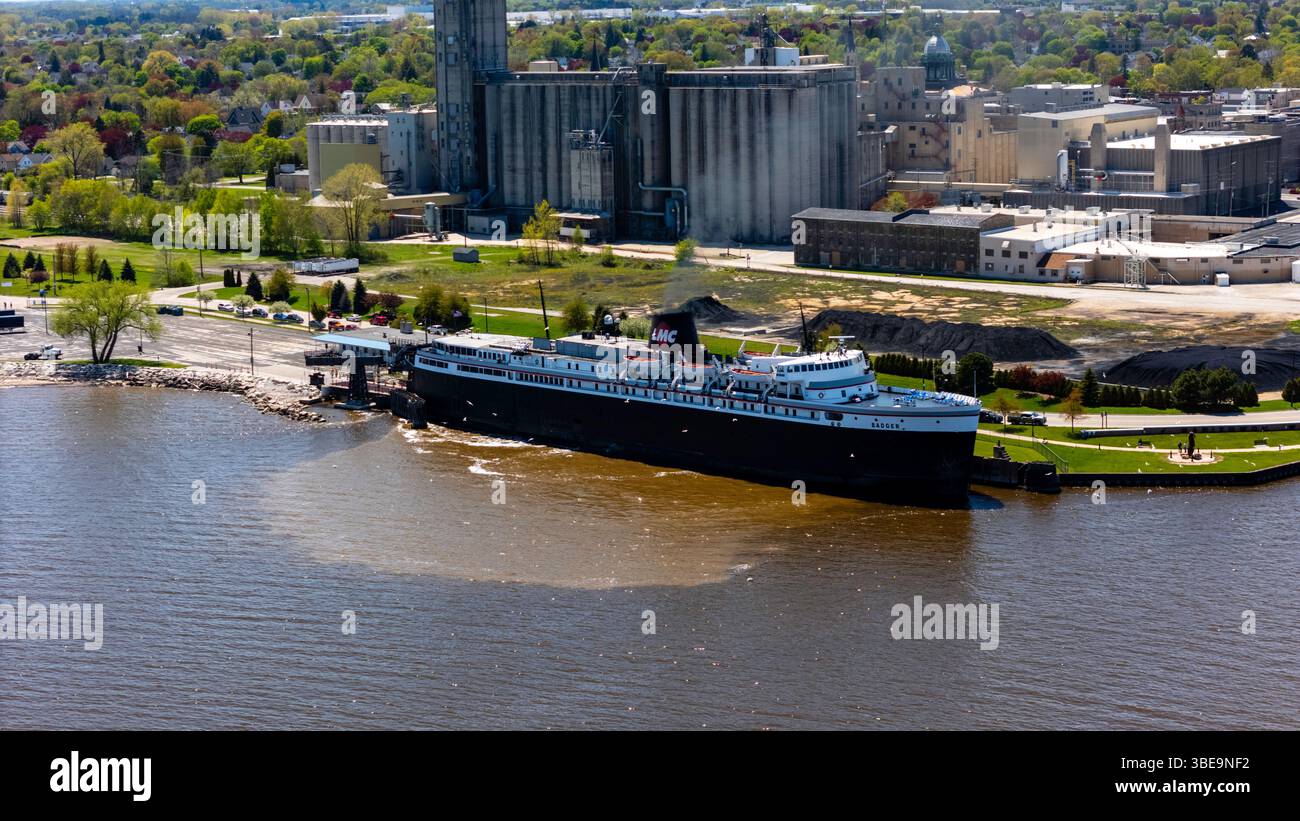 Wisconsin To Michigan Aerial photgoraph of the Lake Michigan Car Ferry that crosses between ...
