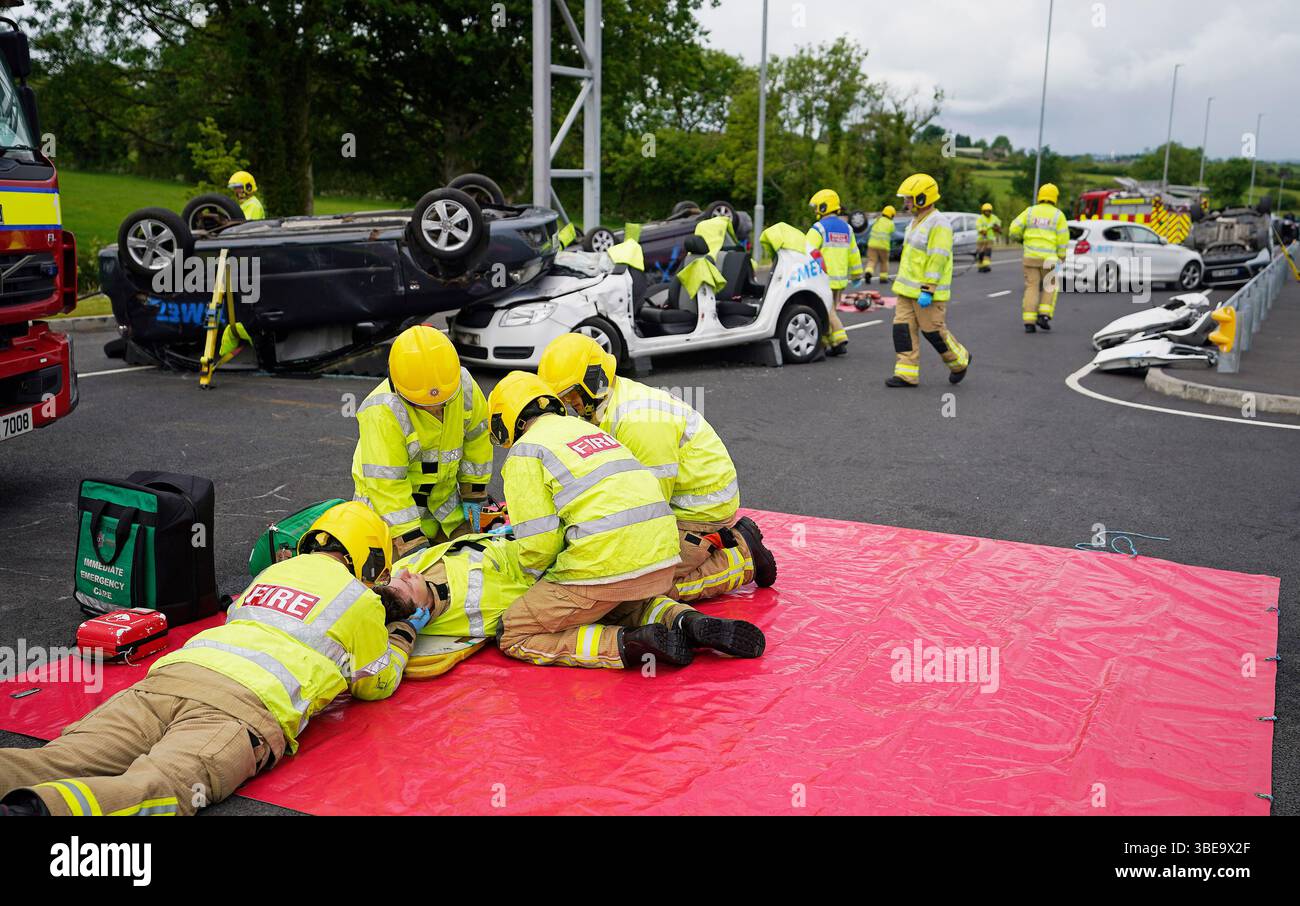 A demonstration of a road traffic accident rescue at the opening of the ...