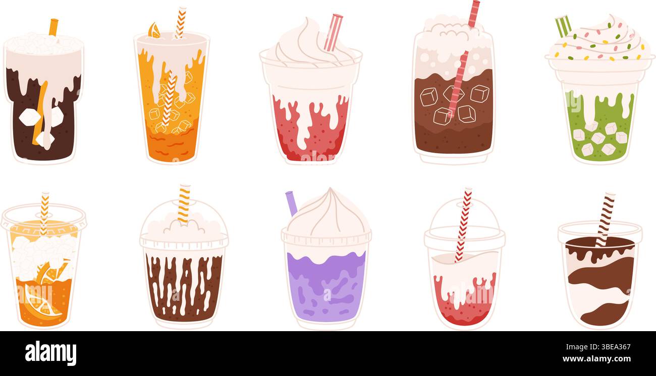 Collection of colorful dirty soda drinks with whipped cream, ice cubes, fruit slices, and striped straws. Cartoon style, isolated on white background. Stock Vector