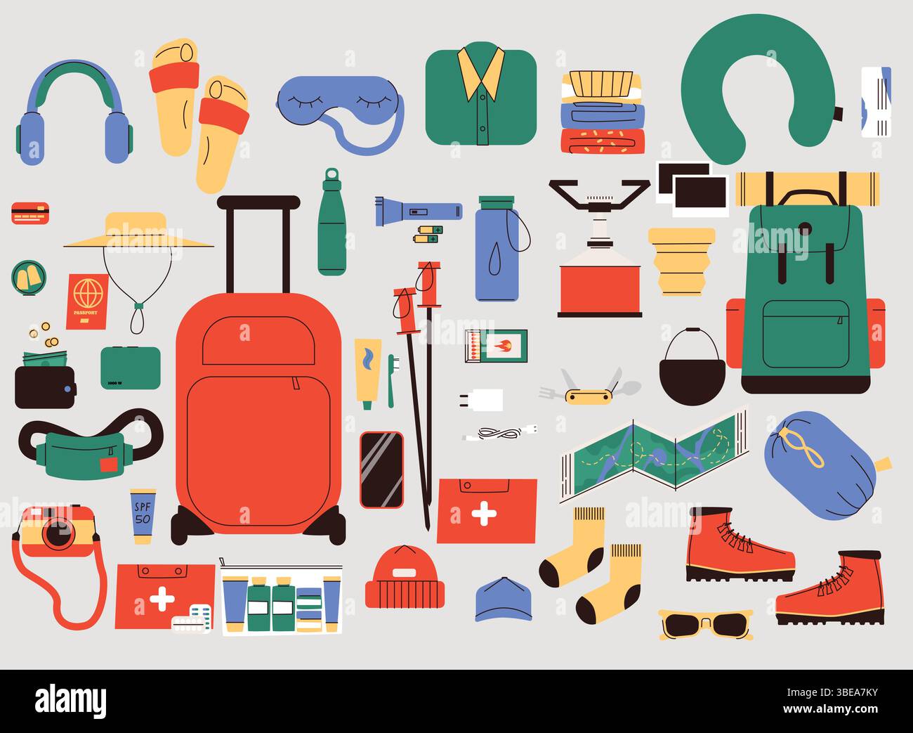 Colorful flat style travel essentials collection including a suitcase, backpack, camera, clothes, maps, hygiene products, and hiking gear. Perfect for Stock Vector