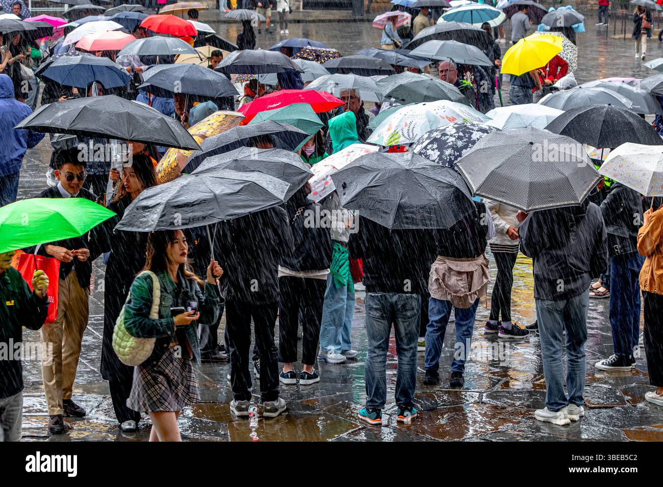 Crowds of people sheltering under umbrellas during heavy rain in Piazza della Signoria in Florence ,Italy Stock Photo