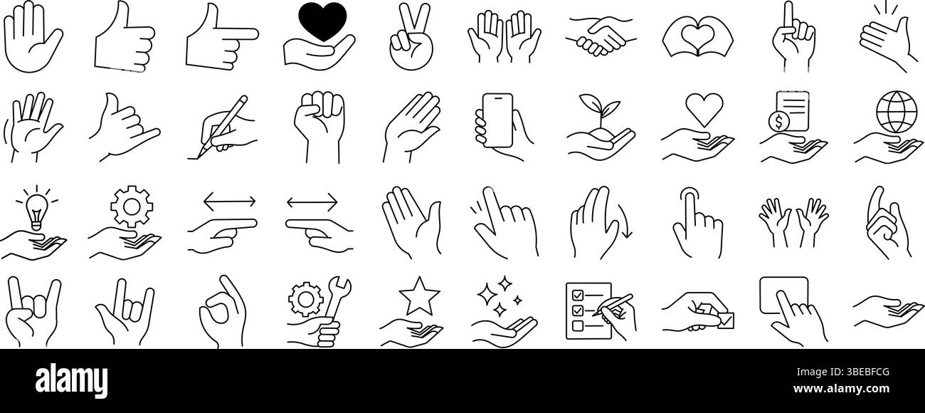 Interactive Hand Motion Icons — Pointing, Clicking, Holding, Waving, and More Stock Vector