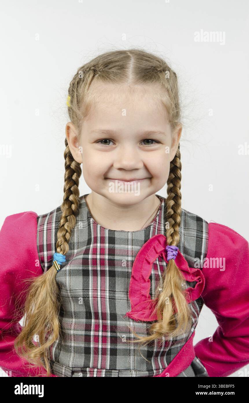 Half-length portrait cheerful fun girl four Europeans Stock Photo