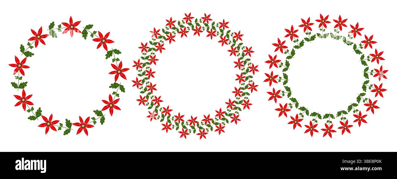 Set of Circular Wreath Of Abstract Red Flowers Stock Vector