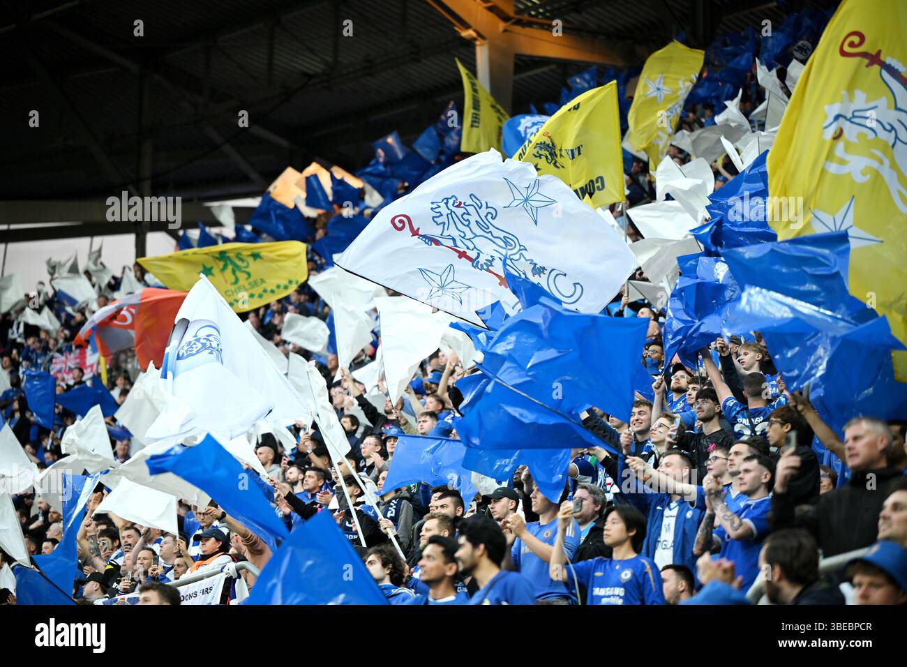 Chelsea fans waving flags ahead of the UEFA Conference League final ...