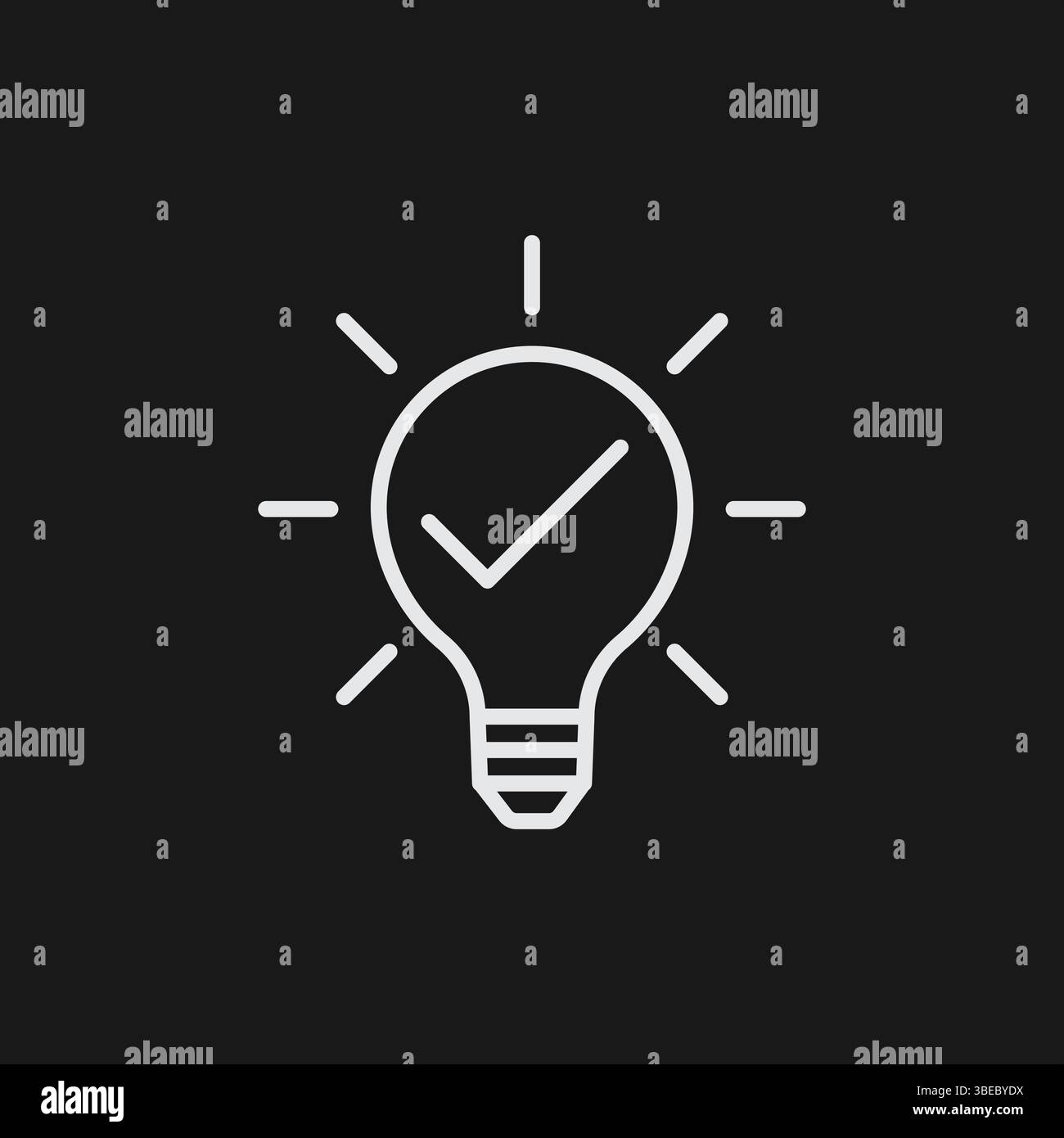 Minimalist White Outline Icon of Light Bulb with Check Mark and Rays on ...