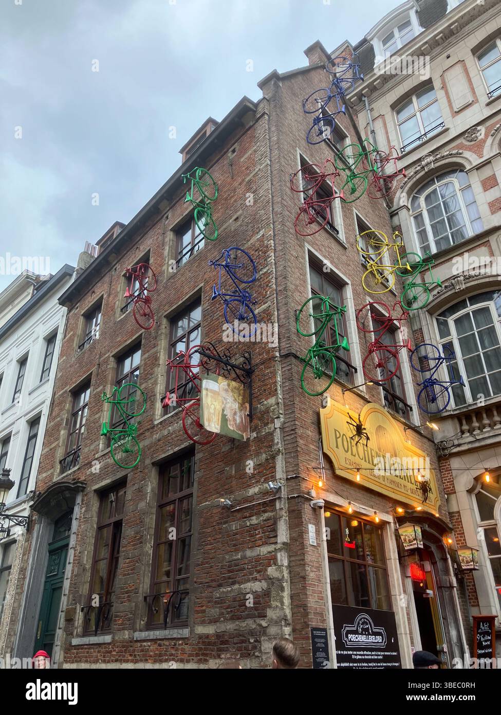 Bicycle sculpture, Poechenellekelder estaminet, Rue du Chene, Brussels, Belgium - Smartphone Captured Stock Image