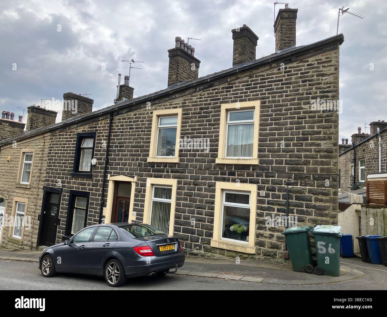 End-of-terrace house on a hill in Rawtenstall, Rossendale, Lancashire, England, UK. - Smartphone Captured Stock Image