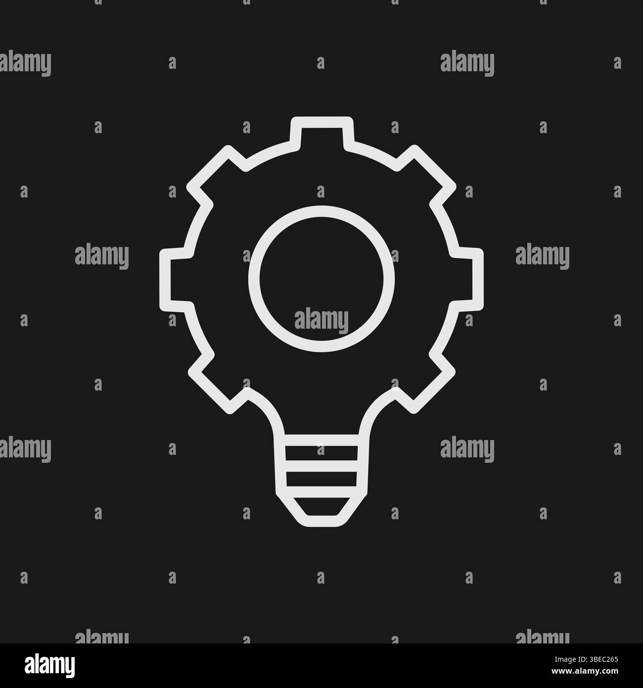 White Outline Icon Light Bulb with Gear Symbol on Black Background, Representing Innovation or Settings Stock Vector