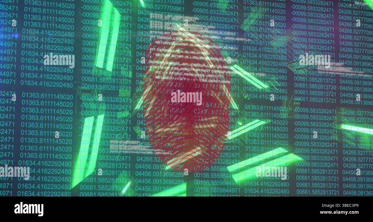 Displaying red fingerprint hovering over cybersecurity display, showing green code and neon bars Stock Photo
