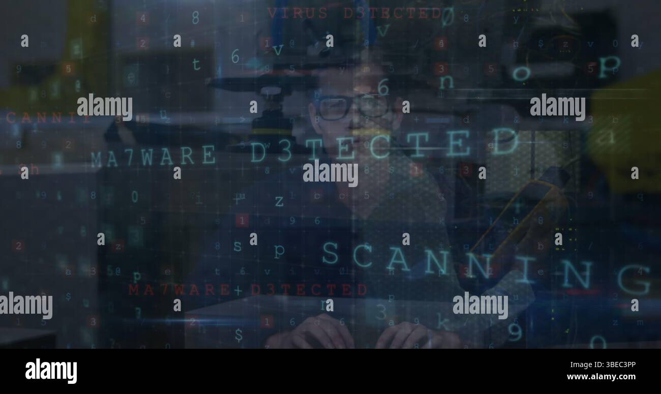 Image of cyber attack warning text and data processing over caucasian hacker Stock Photo