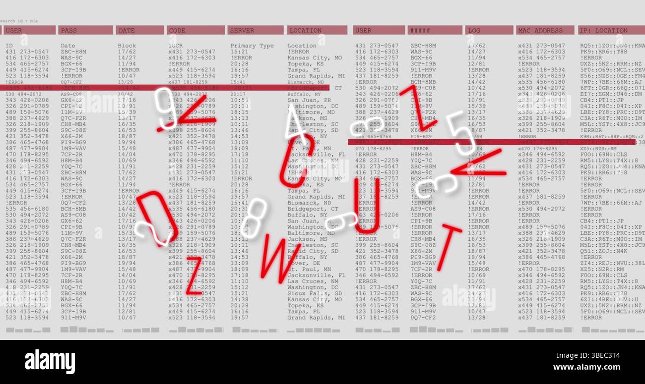 Image of falling data processing over falling numbers and letters Stock Photo