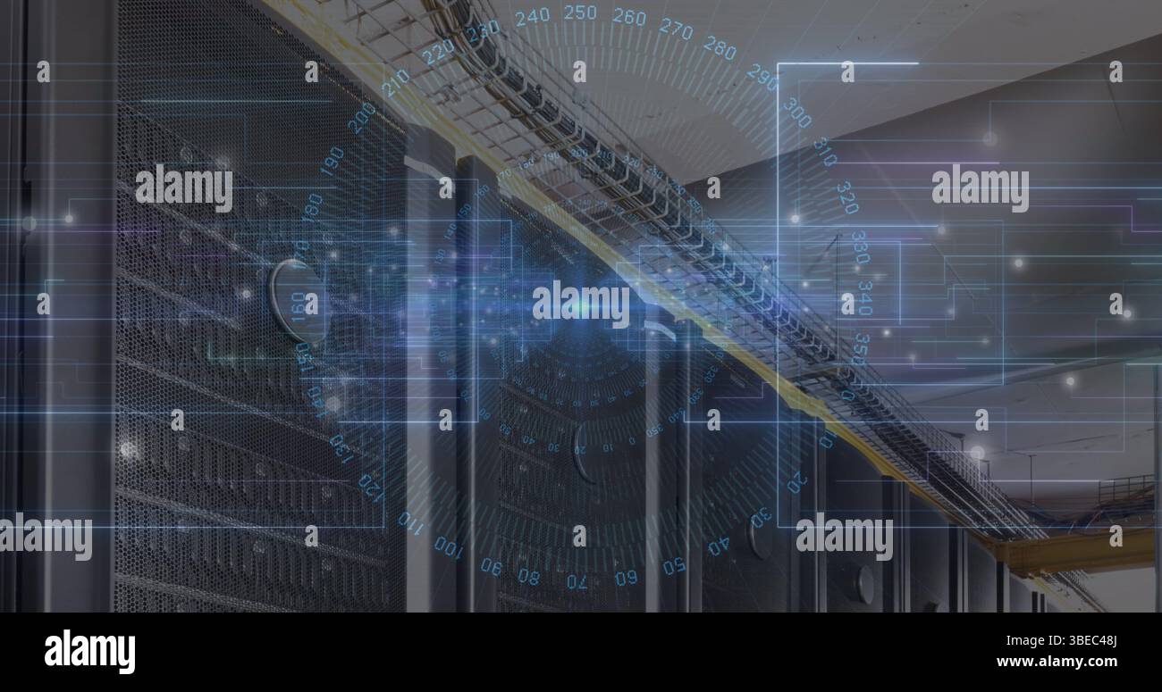 Blue light trails and data processing against empty computer server room Stock Photo