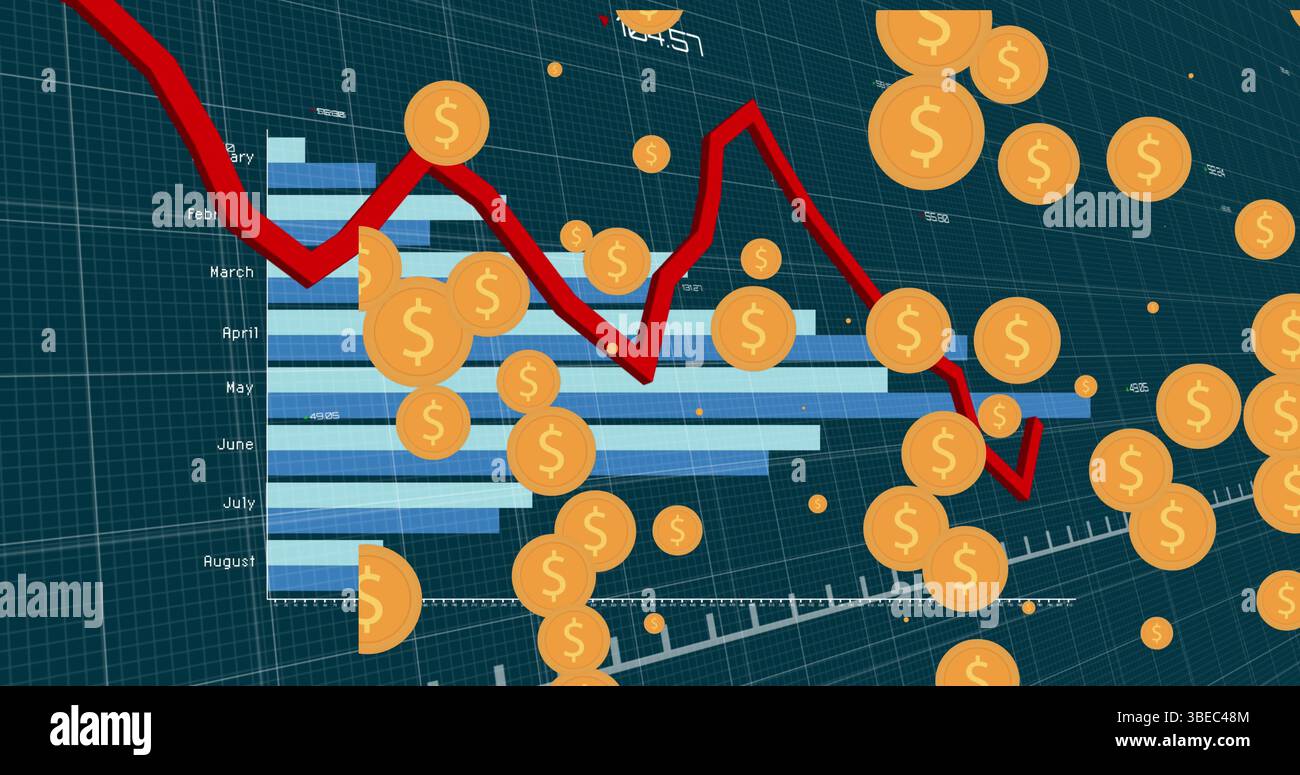 Multiple dollar symbol icons over statistical data processing against blue background Stock Photo