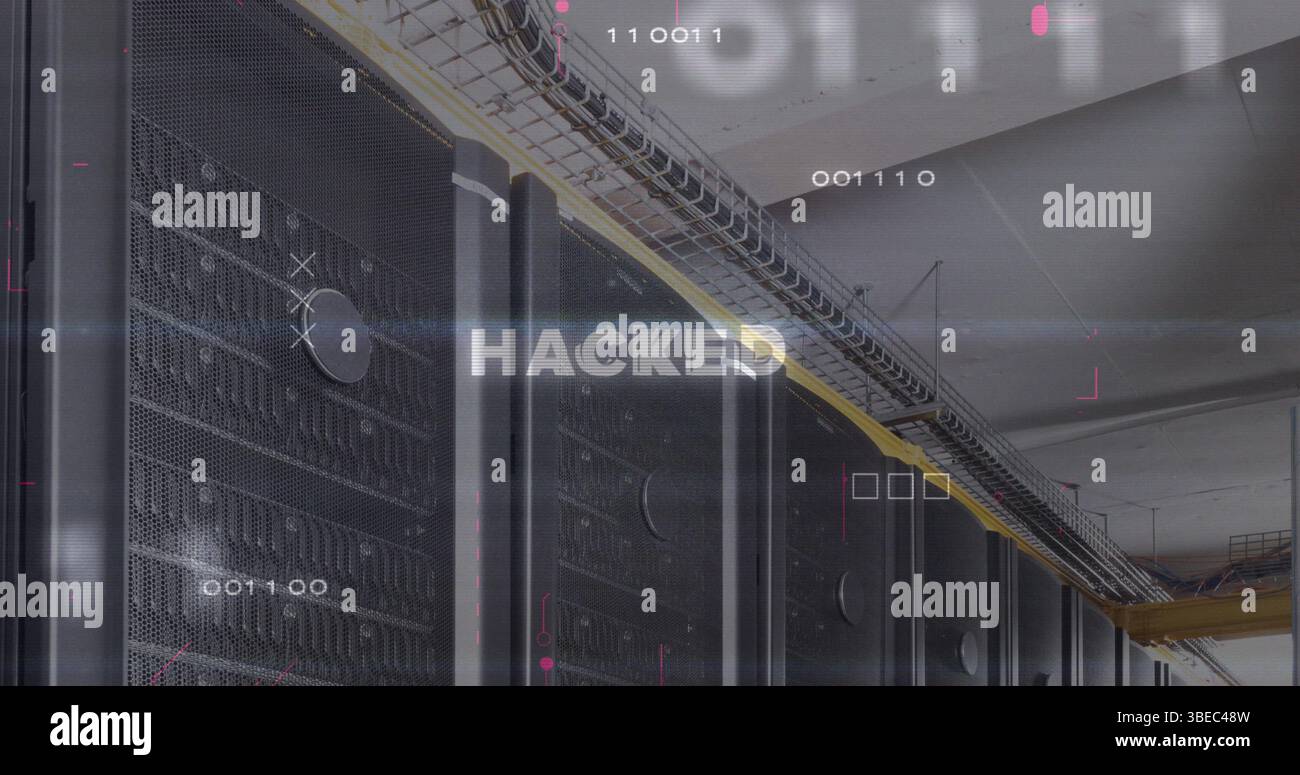 Image of hacked text and data processing over server room Stock Photo