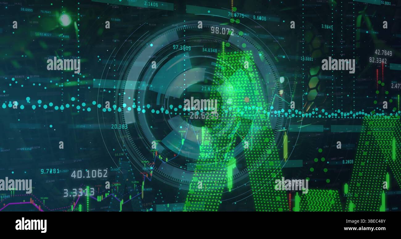 Image of processing circle over financial graphs on black background Stock Photo