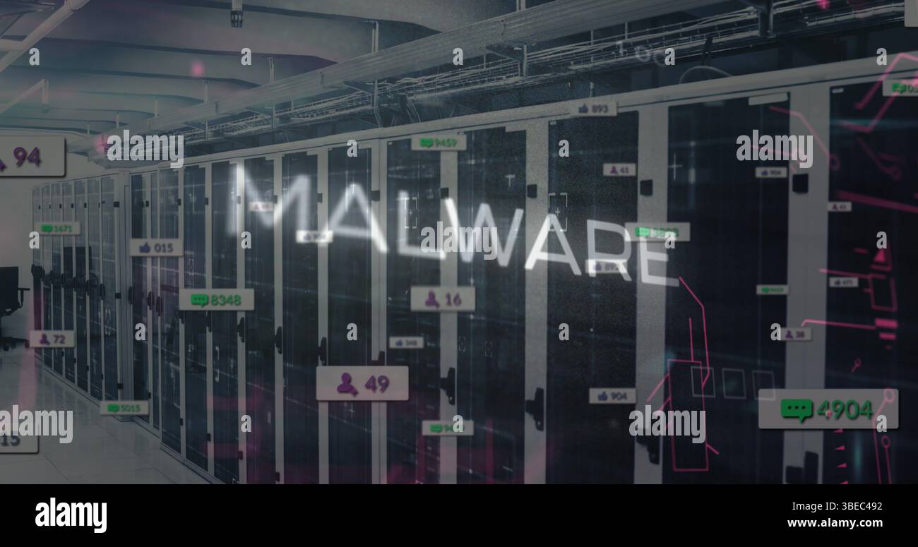 Image of malware text and data processing over server room Stock Photo