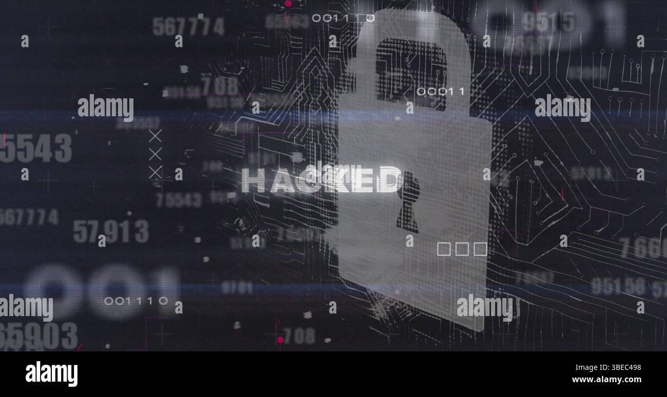 Image of data processing over hacked text Stock Photo