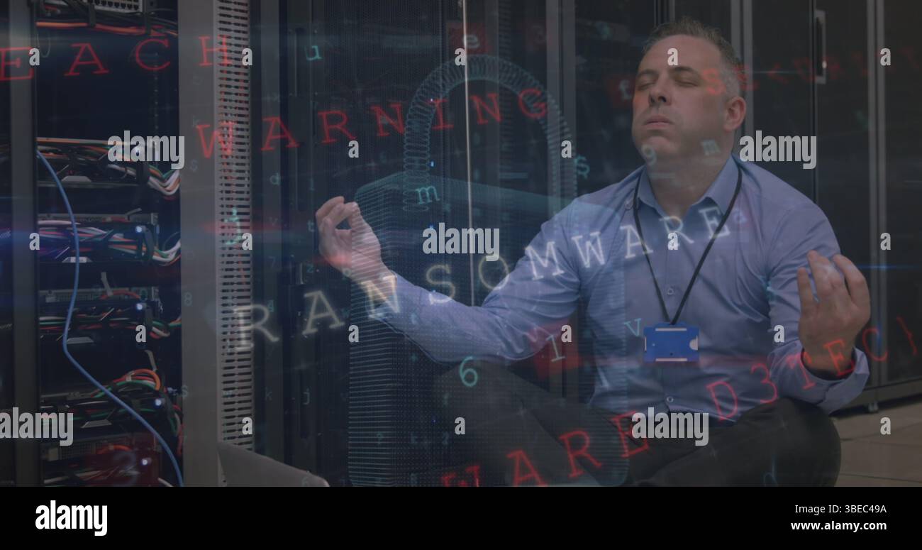 Image of data processing over caucasian server room worker Stock Photo