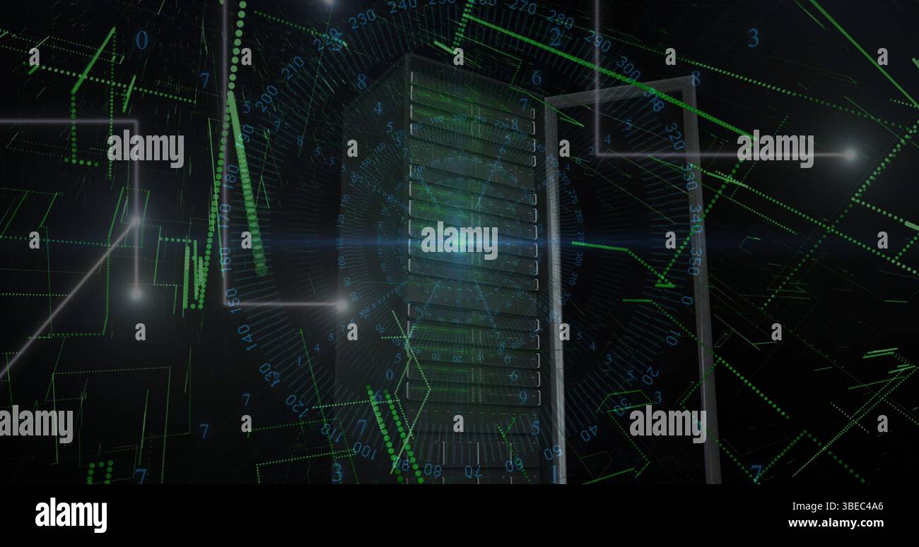 Blue light trails and data processing over computer server against black background Stock Photo
