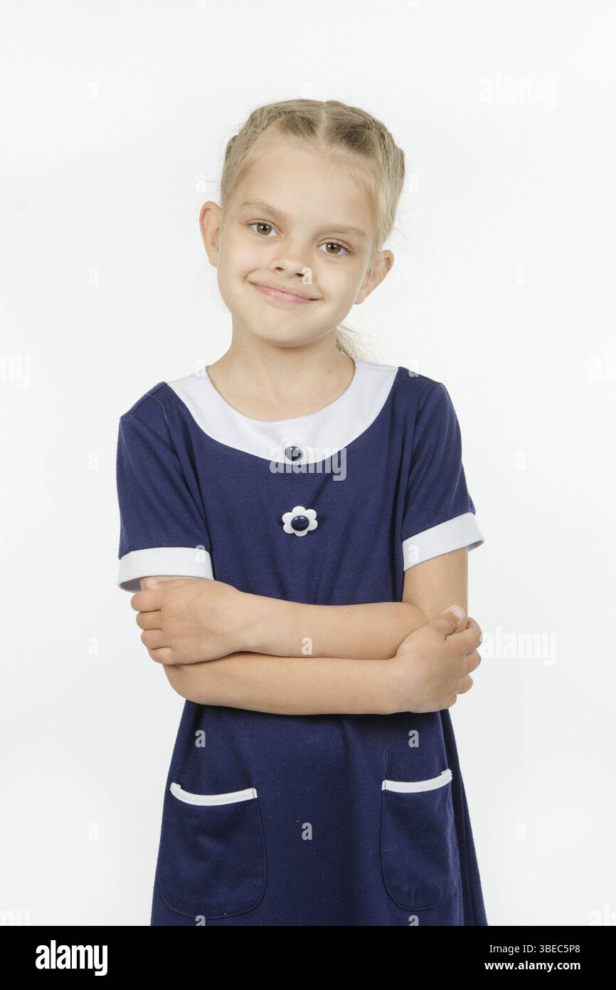 Half-length portrait cheerful fun six-year girl Europeans Stock Photo