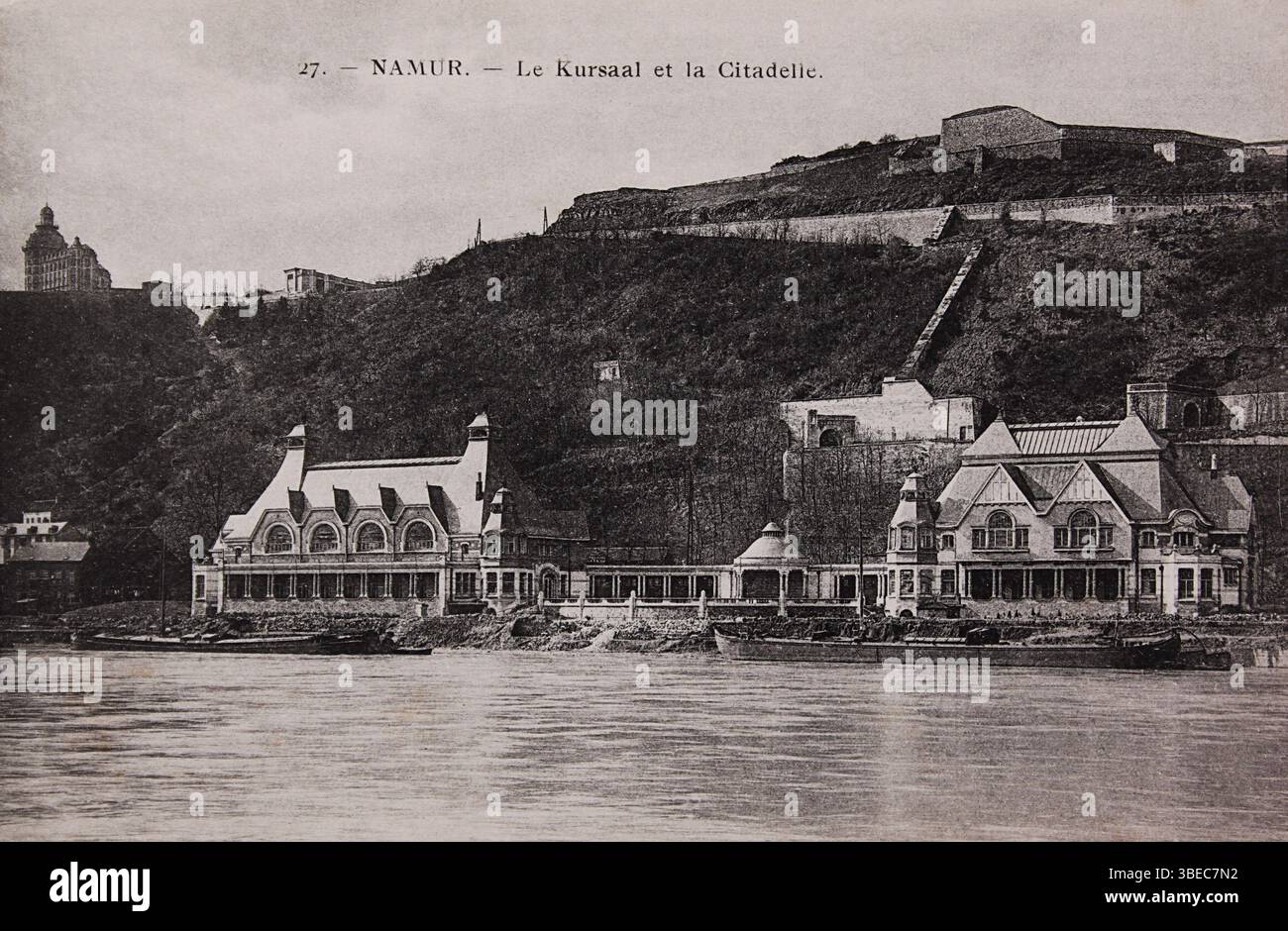 Vintage postcard showing the Kursaal (casino) and Citadel at Namur, Belgium. The casino buildings, designed by Georges Hobé, were completed in 1914. Stock Photo