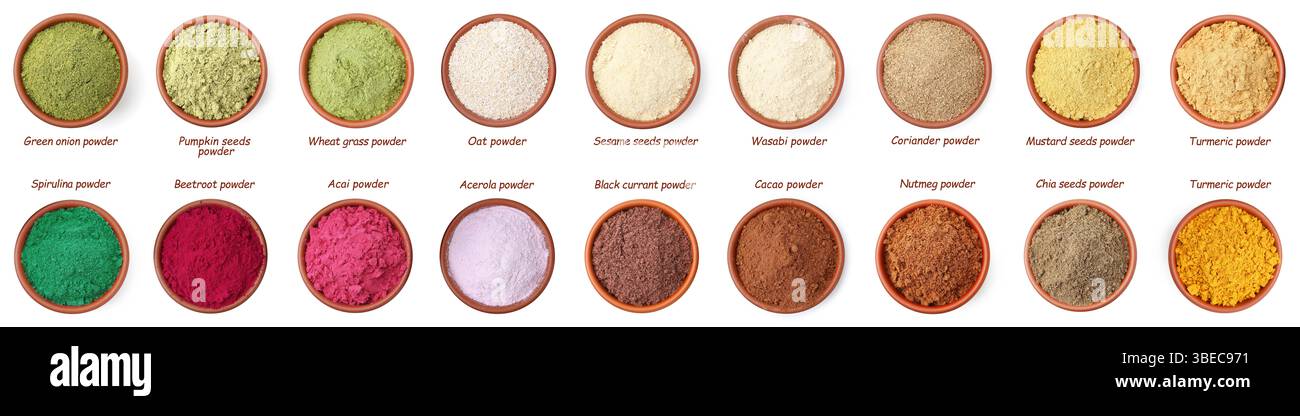 Different superfood powders in bowls and names on white background ...