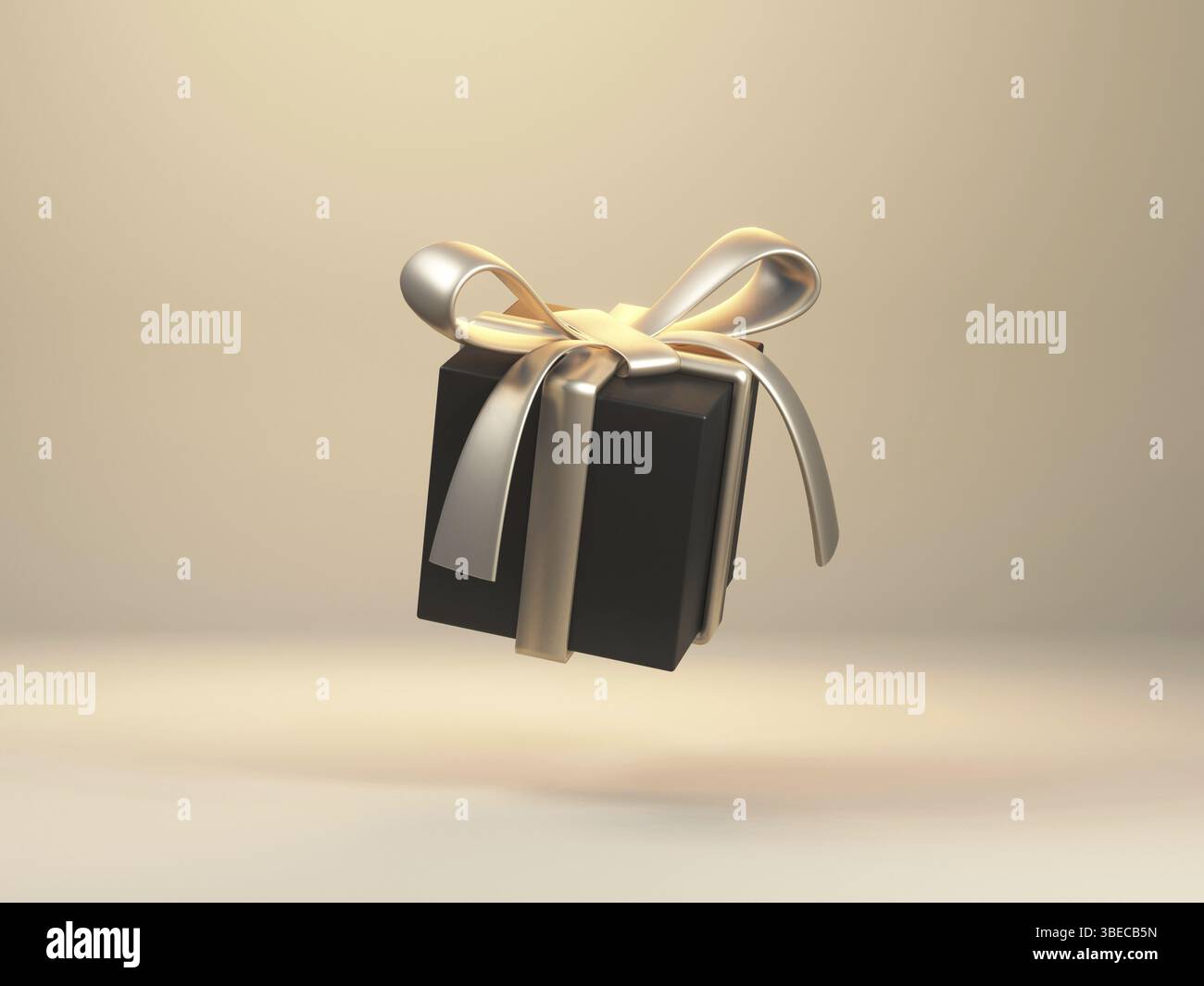 3d render of golden and black gift box flying in studio. Christmas, birthday present. High quality 3d illustration Stock Photo