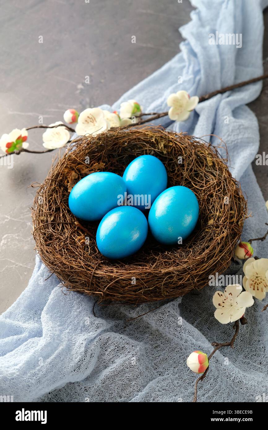 Blue Easter eggs in a nest with white cherry blossoms, set against a soft blue fabric Stock Photo