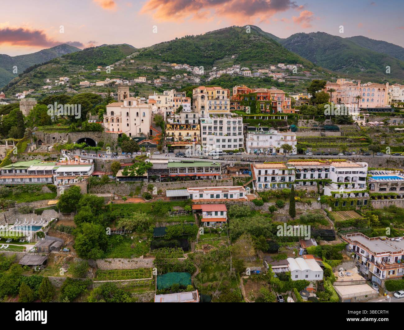 Aerial View of Ravello Town with Terraced Gardens and Sunset Sky Stock ...