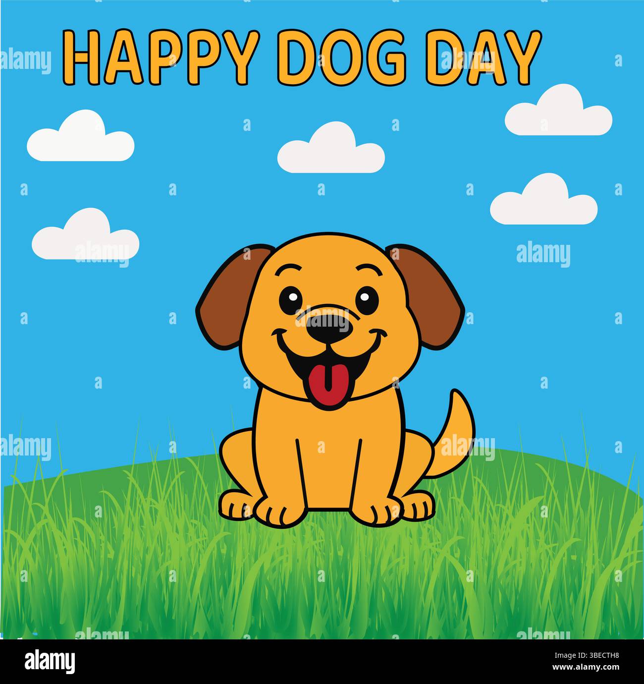 This Happy Dog Day greeting card features a cute cartoon puppy sitting in green grass under a blue sky with clouds. Stock Vector