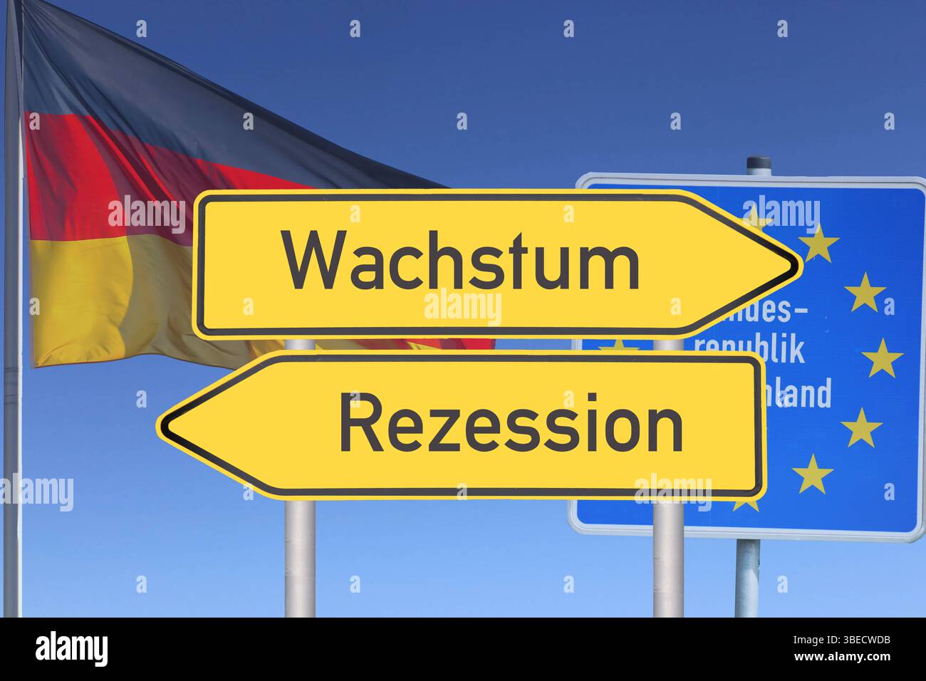 fotomontage-richtungspfeile-mit-der-aufschrift-wachstum-und-rezession