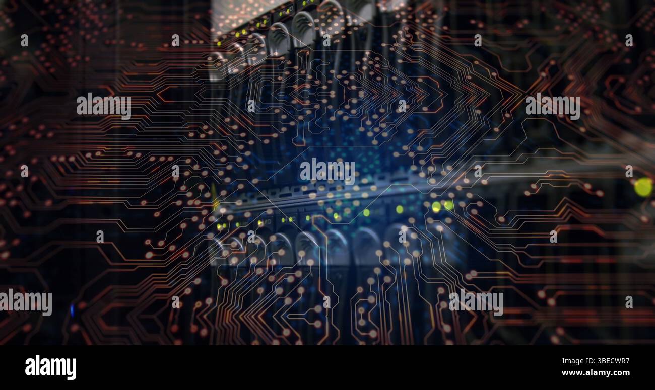 Image of integrated circuit over servers Stock Photo