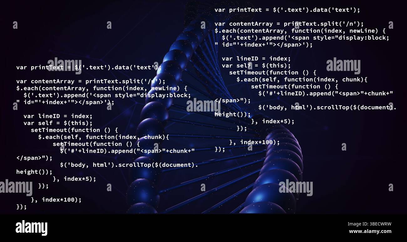 Image of dna rotating over data processing on black background Stock Photo