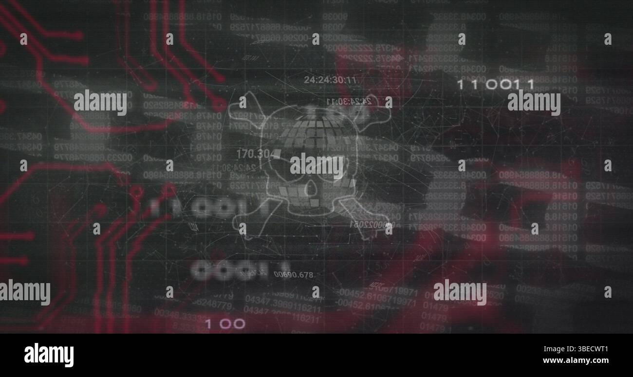 Image of skull with bones, data processing and block chain over black background Stock Photo