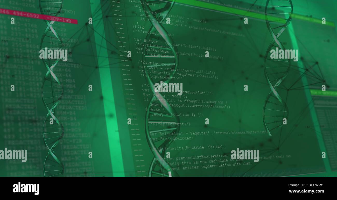 Image of dna rotating over data, lines and shapes on green background ...