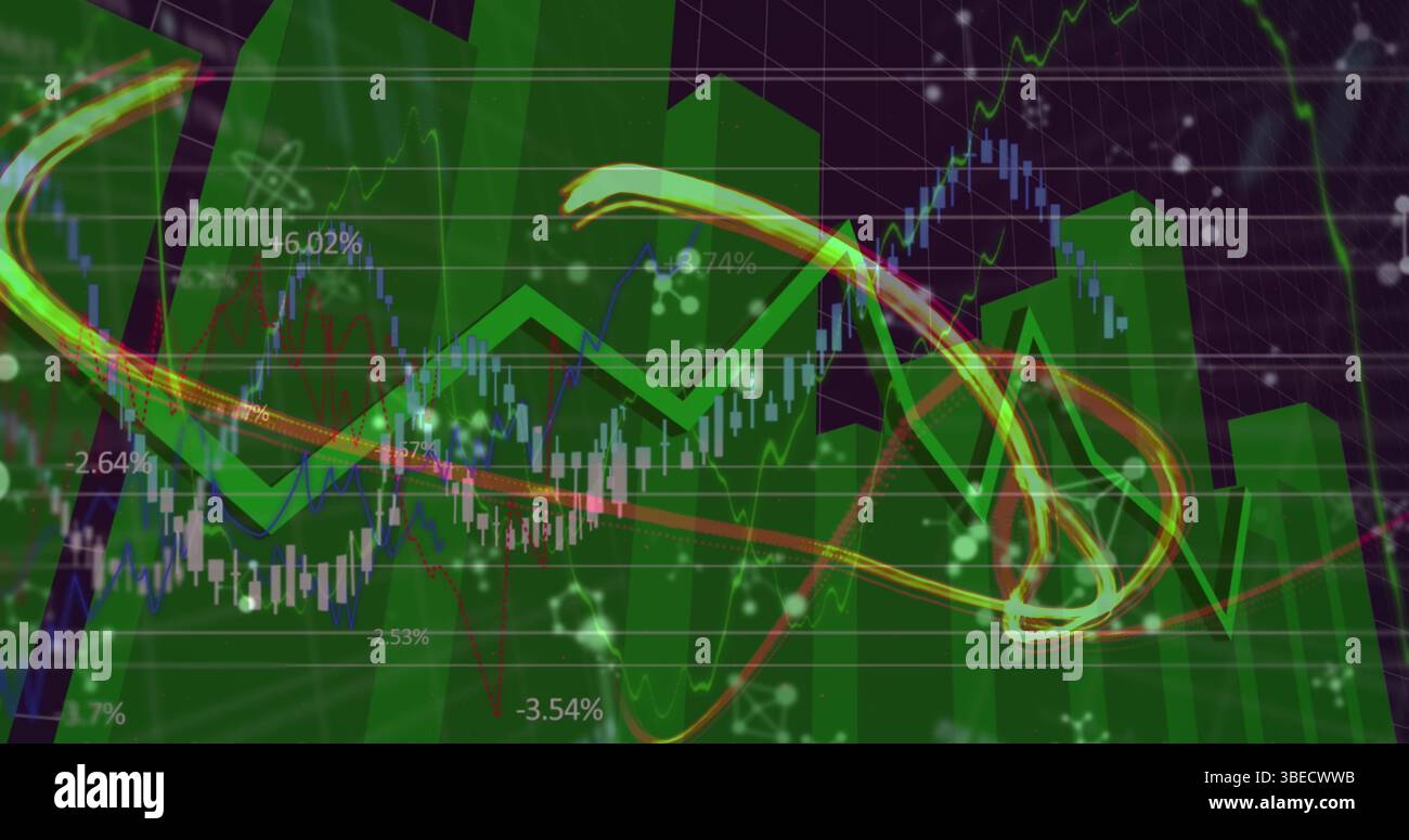 Image of molecular structures and light trails over financial and statistical data processing Stock Photo